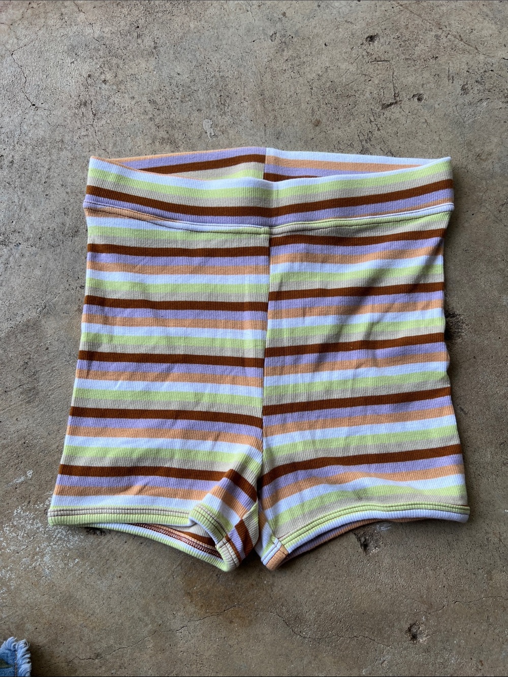 Striped High-Waist Ribbed Shorts - Yellow, Brown & White